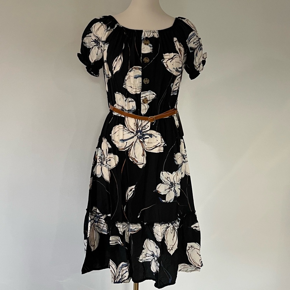 Floral Black Dress with Belt